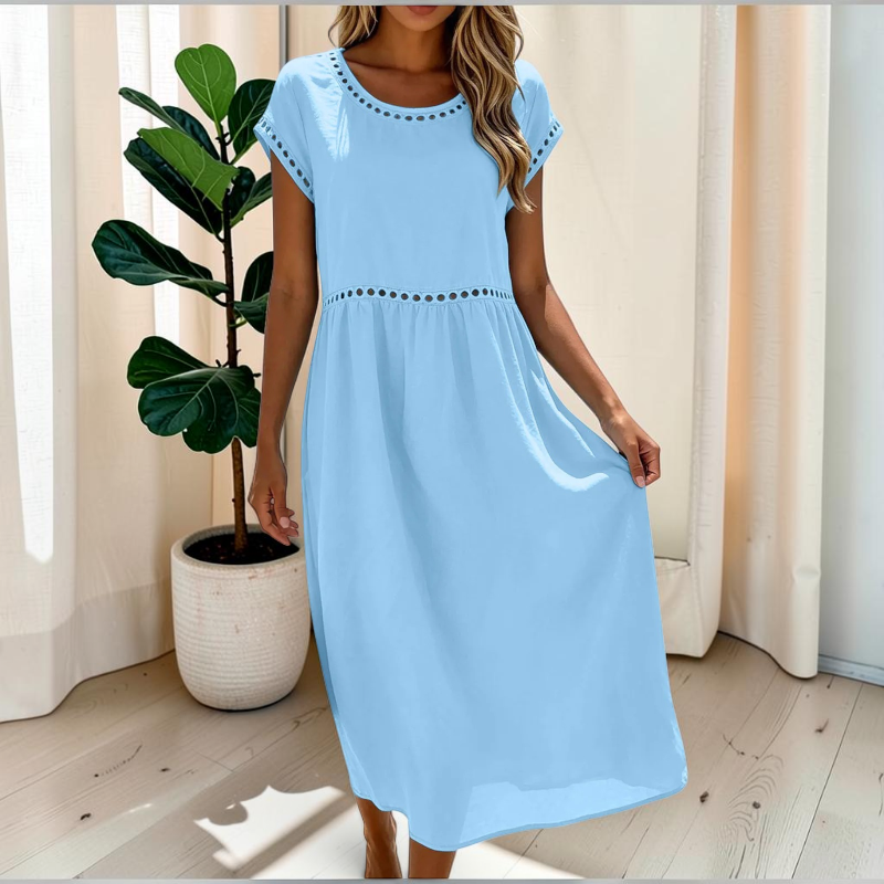 Damen Maxikleid | Kurzarm Maxikleid mit Rundhalsausschnitt | Reguläre Passform Baumwollkleid | Schmid
