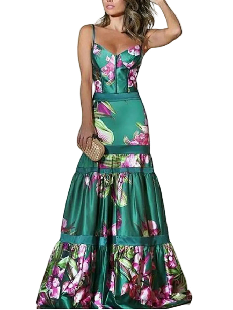 Satin Maxi Kleid mit Trägern und Print – Damen Sommerkleid