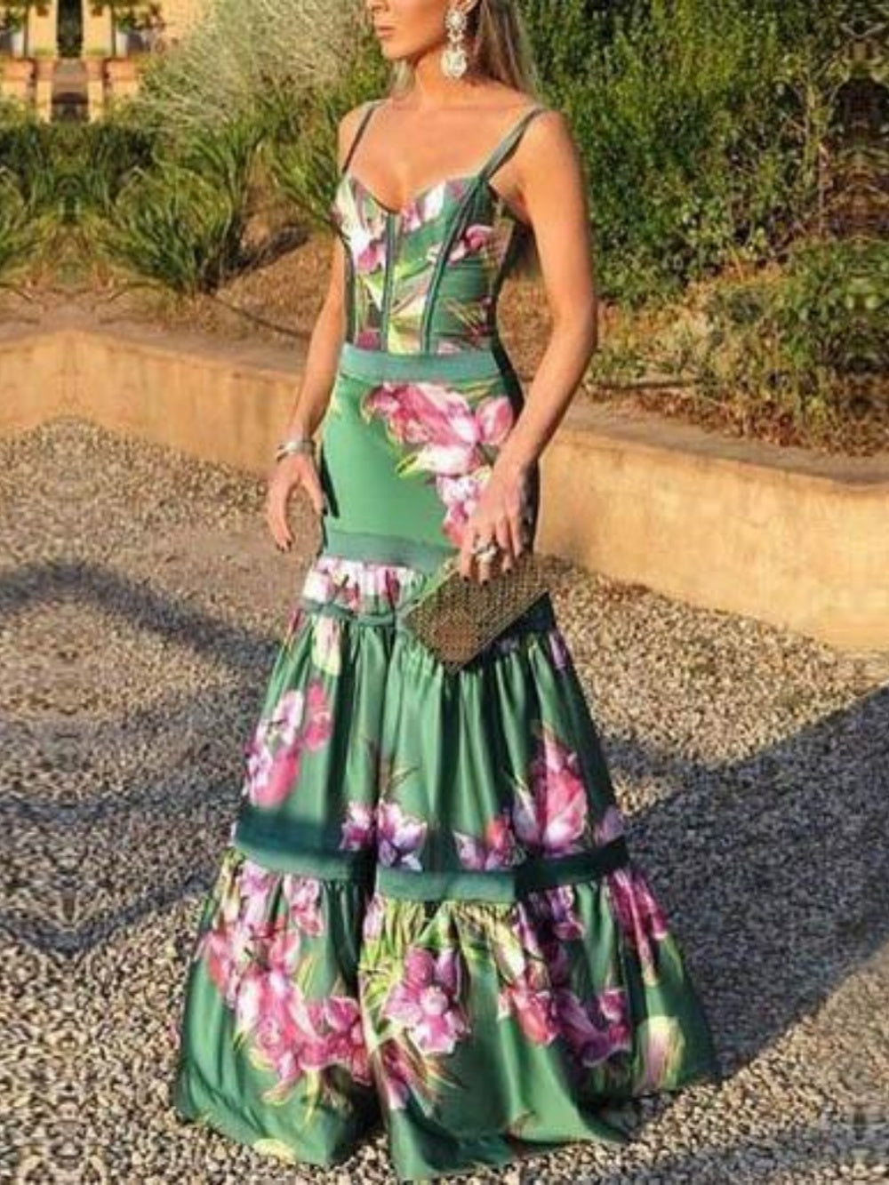 Satin Maxi Kleid mit Trägern und Print – Damen Sommerkleid