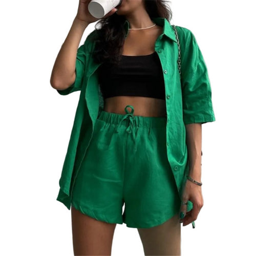 Baumwoll - Zweiteiliges Set Damen-Set mit Langarmbluse und Shorts