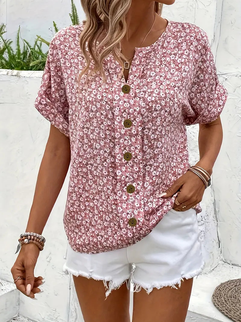 Lillie Buttonfront Sommer-Top – Damen Kurzarm Top mit Blumenprint