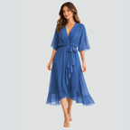 Damen Midikleid | Midikleid mit V-Ausschnitt und Fledermausärmeln | Reguläre Passform für Alltag und Besondere Anlässe | Schmid