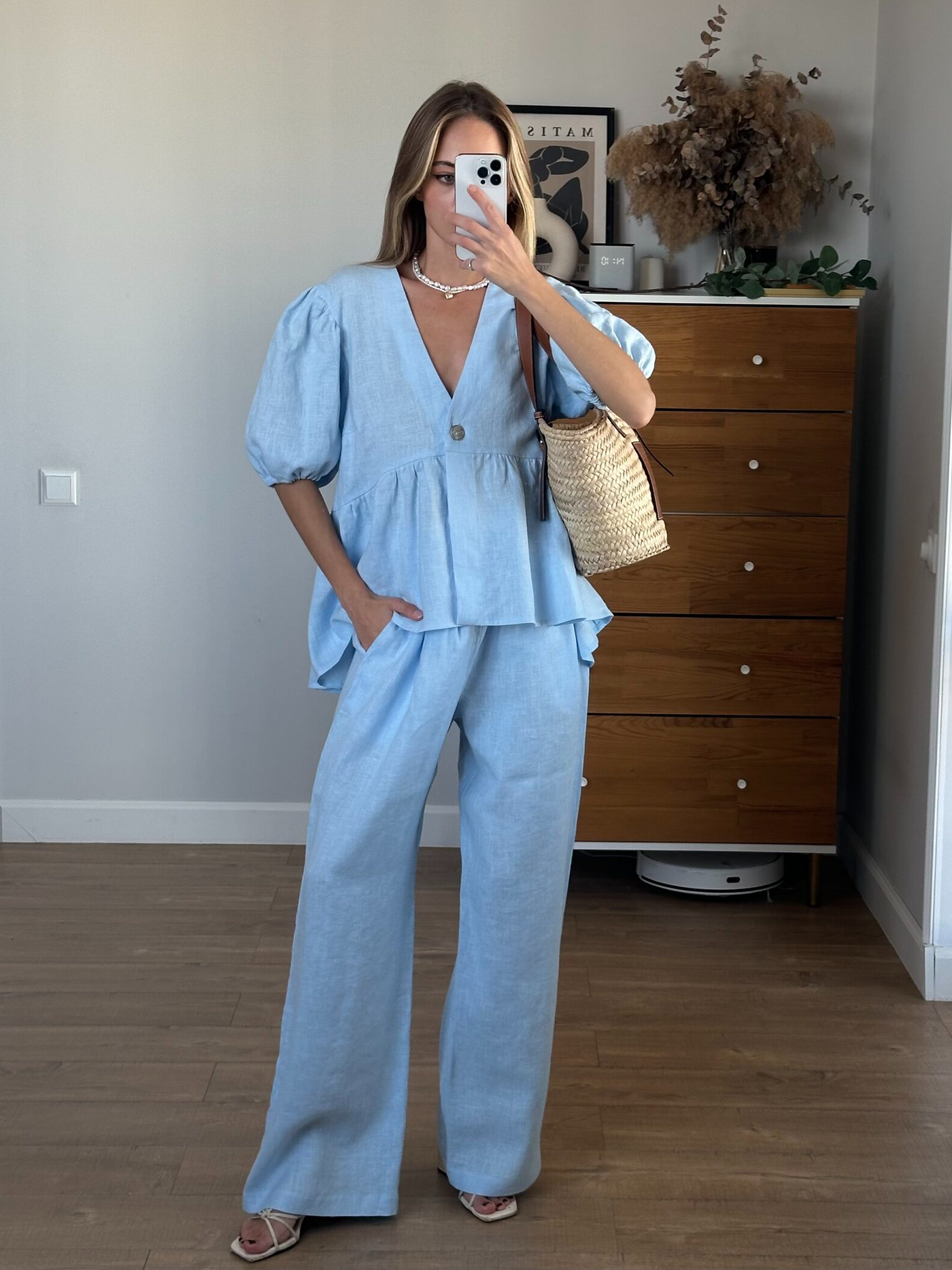 Leinen Rüschenshirt | Zweiteiliges Set Mit Puffärmeln Für Damen