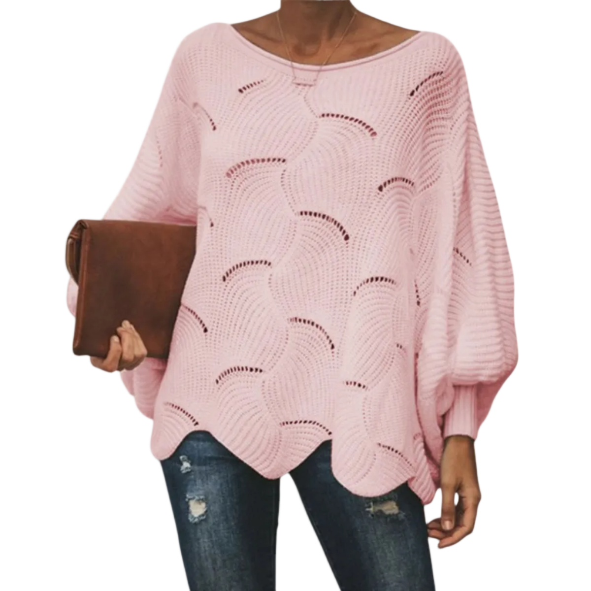 Damen Oversize Strickpullover aus Polyester | Rundhals Langarm Pullover mit Lochstrickmuster | Alltag und Freizeit | Schmid