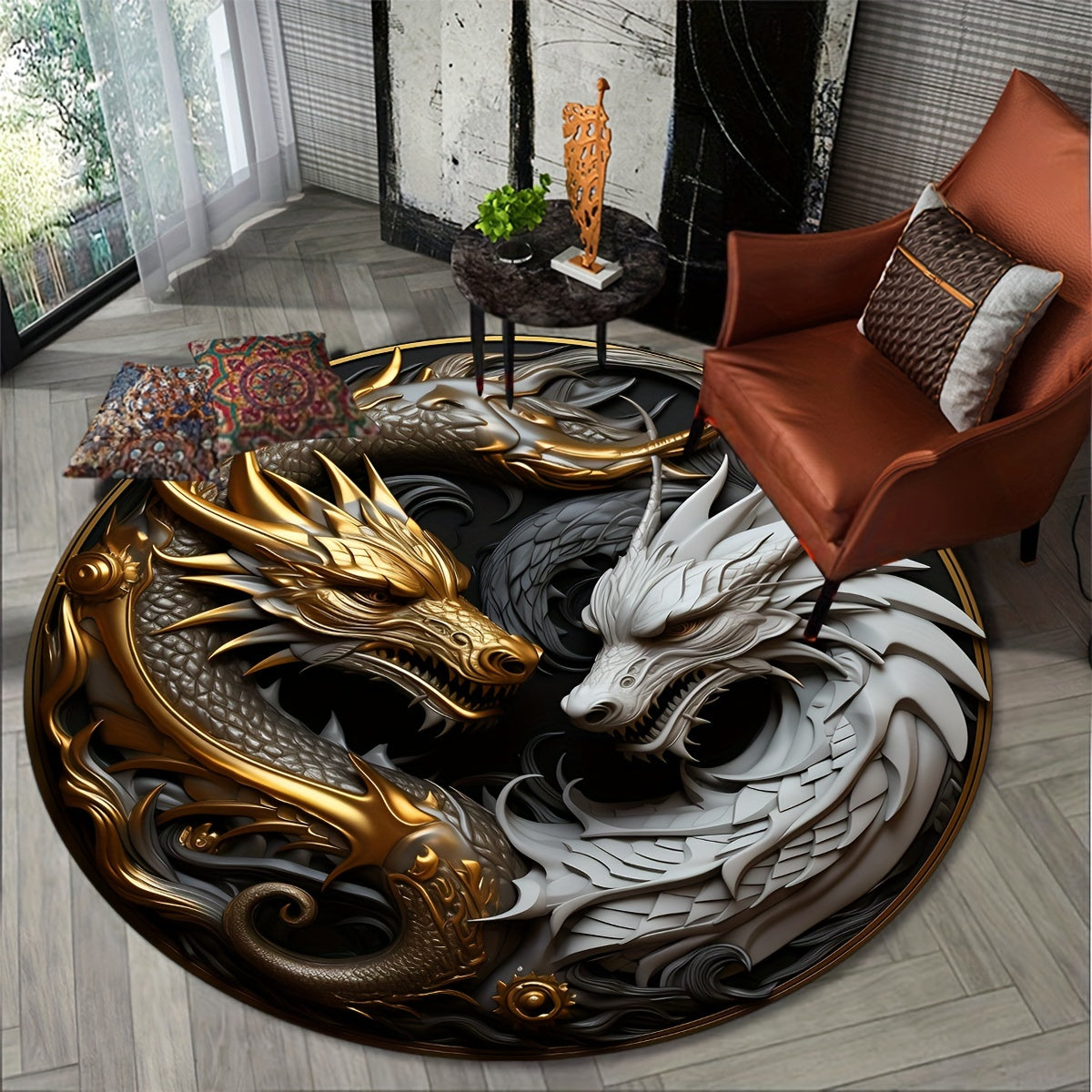 Dragon Element Teppich | Rutschfeste Lounge-Matte & Dekorativer Runder Teppich
