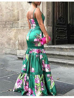 Satin Maxi Kleid mit Trägern und Print – Damen Sommerkleid