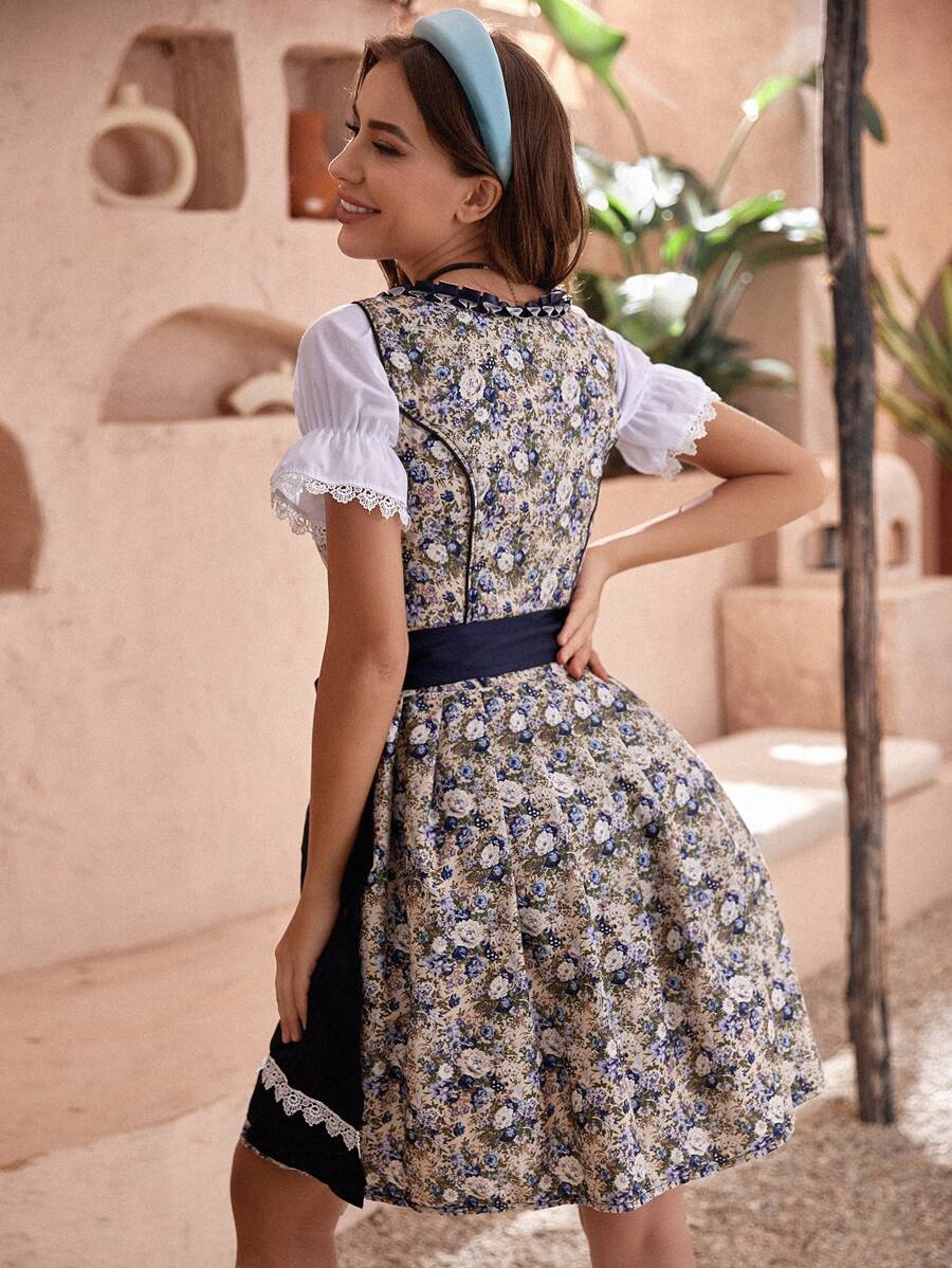 Damen Dirndl Kleid aus Baumwollmischung und Polyester | Midi Trachtenkleid mit Schürze | Blumenmuster für Festivals und Themenpartys | Schmid