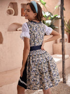 Damen Dirndl Kleid aus Baumwollmischung und Polyester | Midi Trachtenkleid mit Schürze | Blumenmuster für Festivals und Themenpartys | Schmid