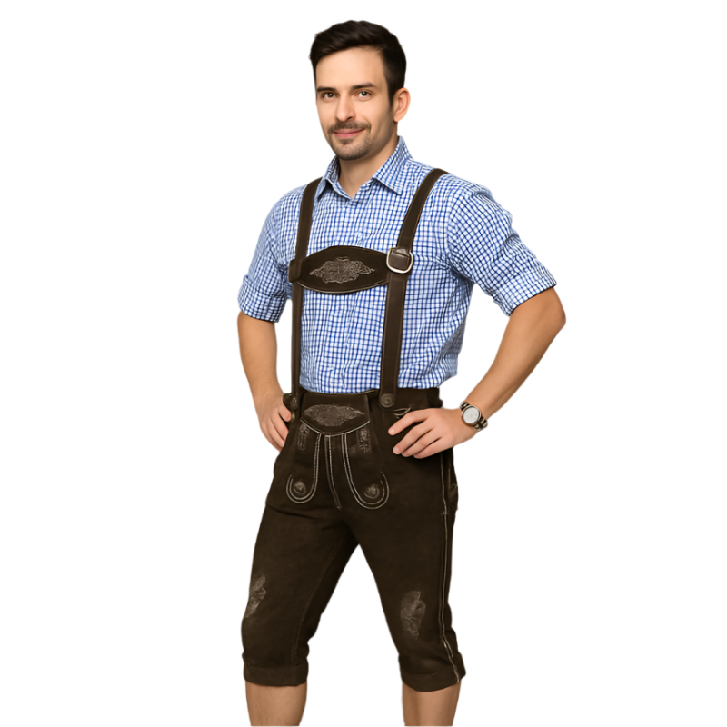 Herren Knielange Lederhose aus PU | Traditionell Inspirierte Hose mit Druckdetails | Seitentaschen für Oktoberfest & Festivals | Schmid