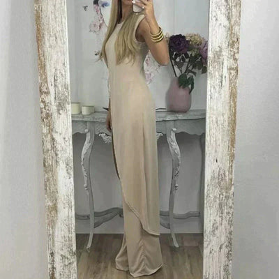 Eleganter ärmelloser damen | zweiteiler mit langem uberwurf und weitem hosenbein – perfekt für abend, events & sommer