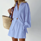 Damen Zweiteiler | Bluse mit Puffärmeln und Shorts | Reguläre Passform aus Baumwolle für Alltag und Freizeit | Schmid