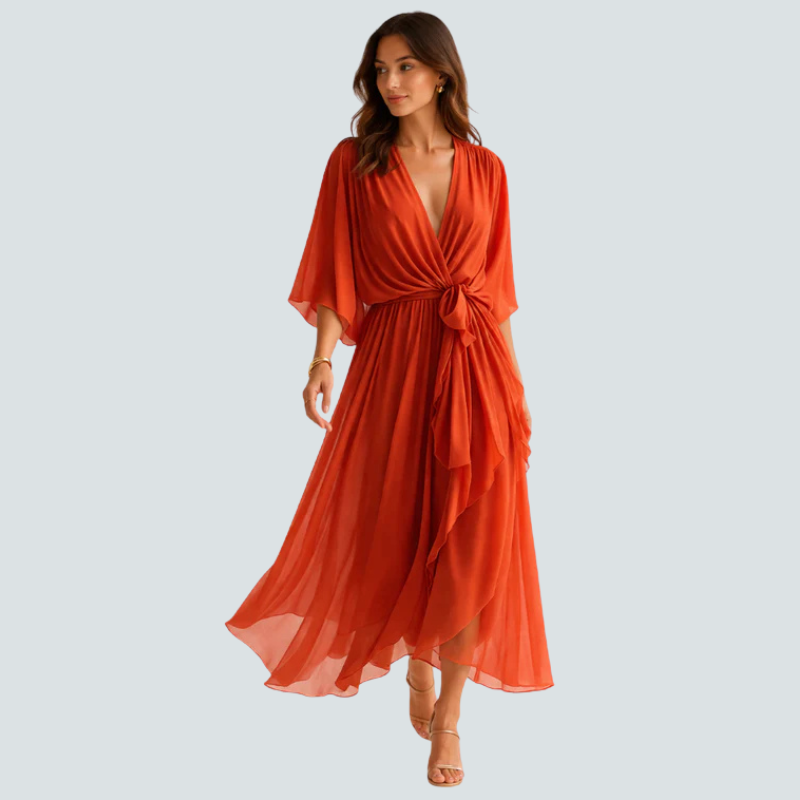 Damen Midikleid | Midikleid mit V-Ausschnitt und Fledermausärmeln | Reguläre Passform für Alltag und Besondere Anlässe | Schmid