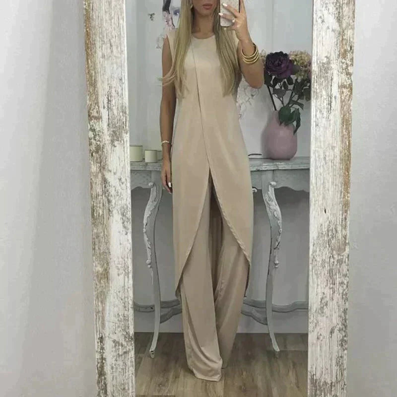 Eleganter ärmelloser damen | zweiteiler mit langem uberwurf und weitem hosenbein – perfekt für abend, events & sommer