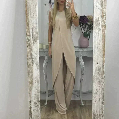 Eleganter ärmelloser damen | zweiteiler mit langem uberwurf und weitem hosenbein – perfekt für abend, events & sommer