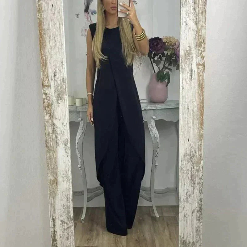 Eleganter ärmelloser damen | zweiteiler mit langem uberwurf und weitem hosenbein – perfekt für abend, events & sommer