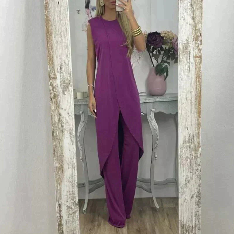 Eleganter ärmelloser damen | zweiteiler mit langem uberwurf und weitem hosenbein – perfekt für abend, events & sommer
