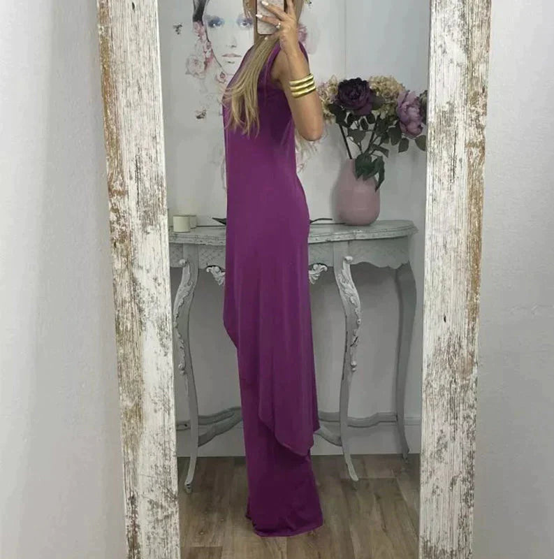 Eleganter ärmelloser damen | zweiteiler mit langem uberwurf und weitem hosenbein – perfekt für abend, events & sommer