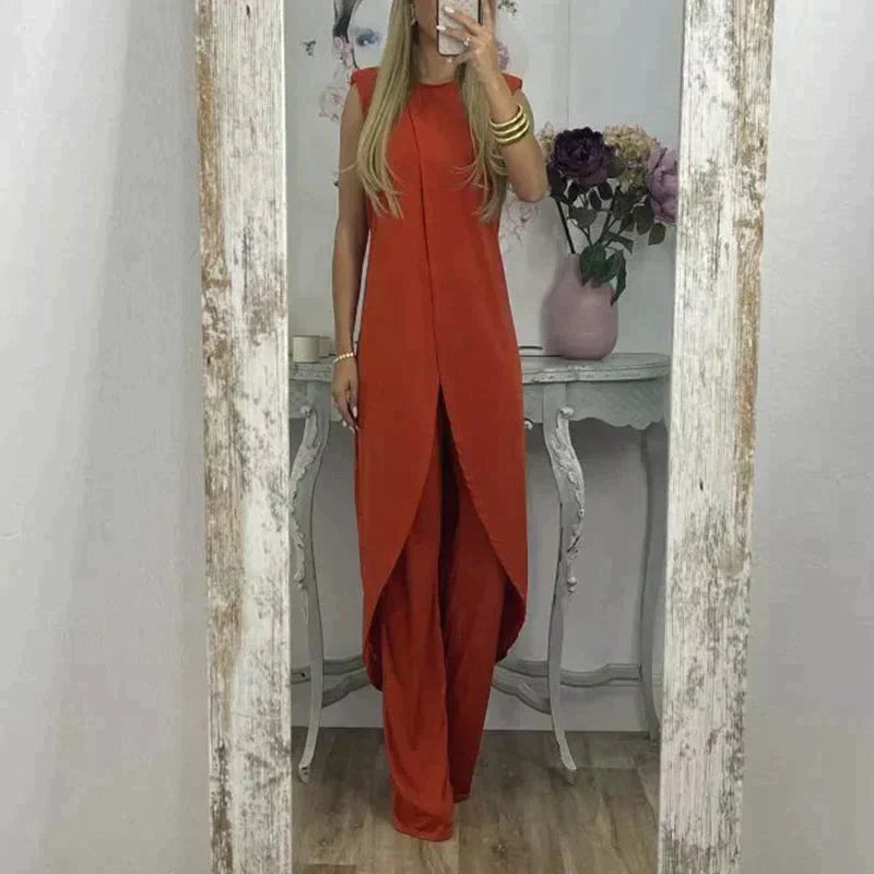 Eleganter ärmelloser damen | zweiteiler mit langem uberwurf und weitem hosenbein – perfekt für abend, events & sommer