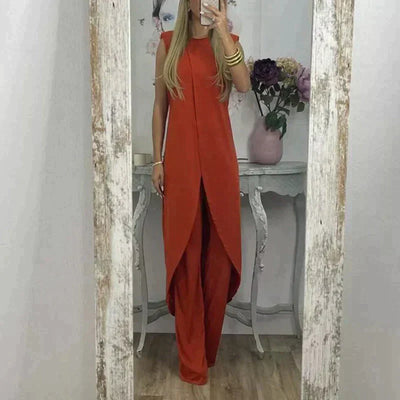 Eleganter ärmelloser damen | zweiteiler mit langem uberwurf und weitem hosenbein – perfekt für abend, events & sommer