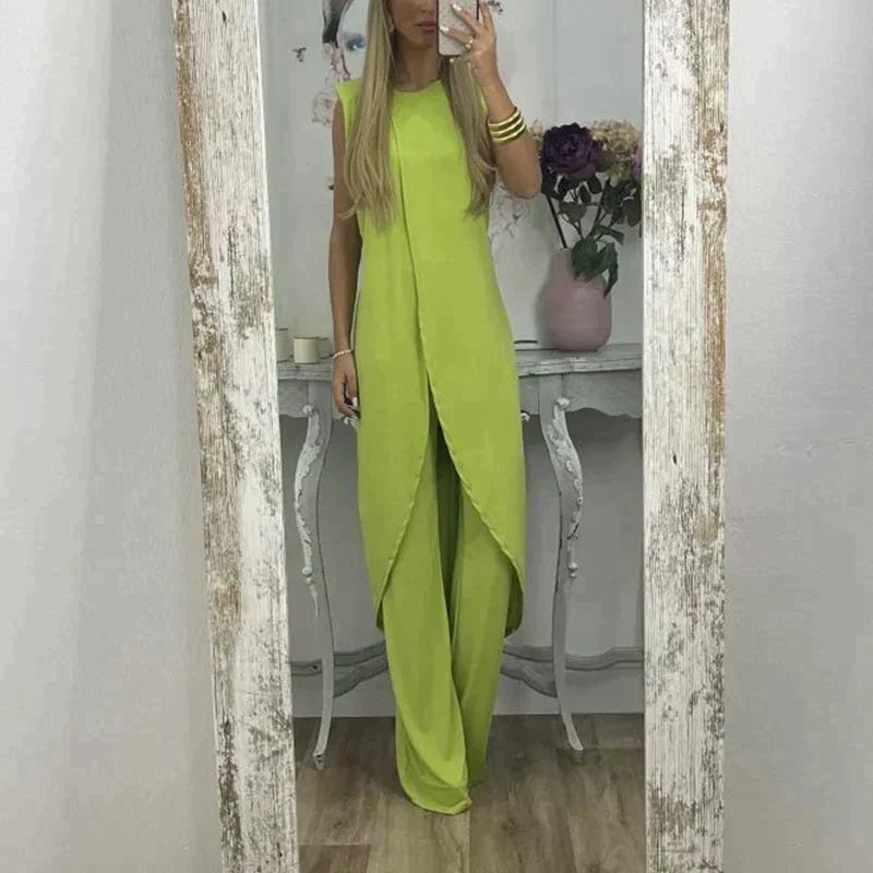 Eleganter ärmelloser damen | zweiteiler mit langem uberwurf und weitem hosenbein – perfekt für abend, events & sommer