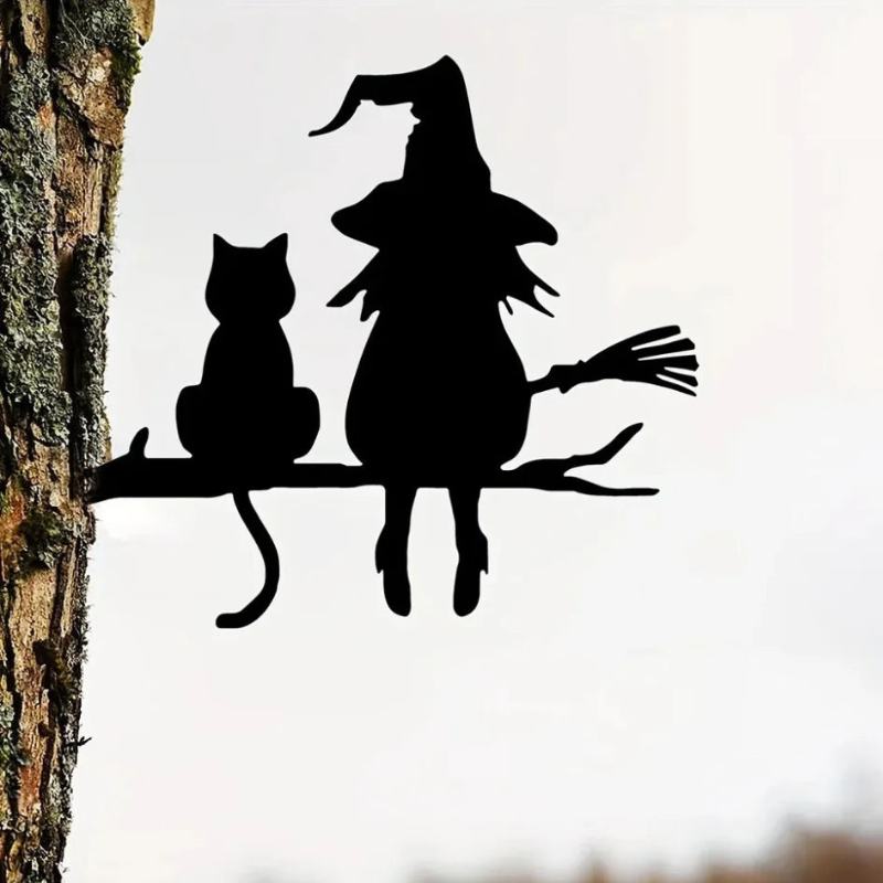 Hexe und Katze Garten Silhouette aus Eisen | 20 × 25 cm Bodenstecker | Halloween Außendekoration für Garten & Rasen | Schmid