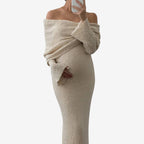 Schwangerschafts Maxikleid | Off-Shoulder Maxikleid mit Langen Ärmeln | Reguläre Passform für Alltag und Besondere Anlässe | Schmid