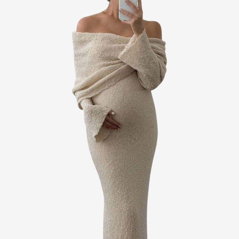Schwangerschafts Maxikleid | Off-Shoulder Maxikleid mit Langen Ärmeln | Reguläre Passform für Alltag und Besondere Anlässe | Schmid