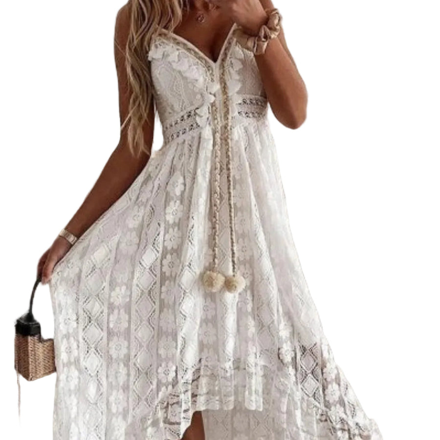 Élodie - Häkel-Fransen Kleid Weißes Kleid mit Boho-Design