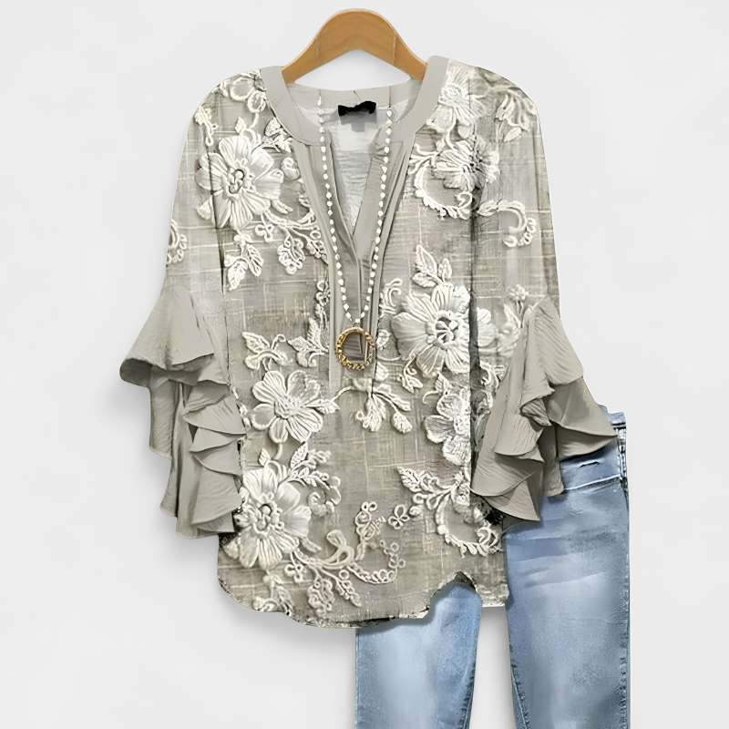 Damen Bluse | Bluse mit Tiefem V-Ausschnitt und Schleifenärmeln | Reguläre Passform aus Polyester für Alltag und Freizeit | Schmid
