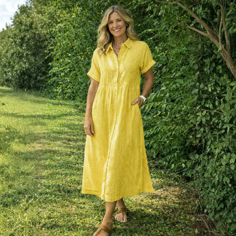 Damen Midikleid | Gestreiftes Hemdkleid mit Knopfleiste | Reguläres Midikleid mit Seitentaschen | Schmid