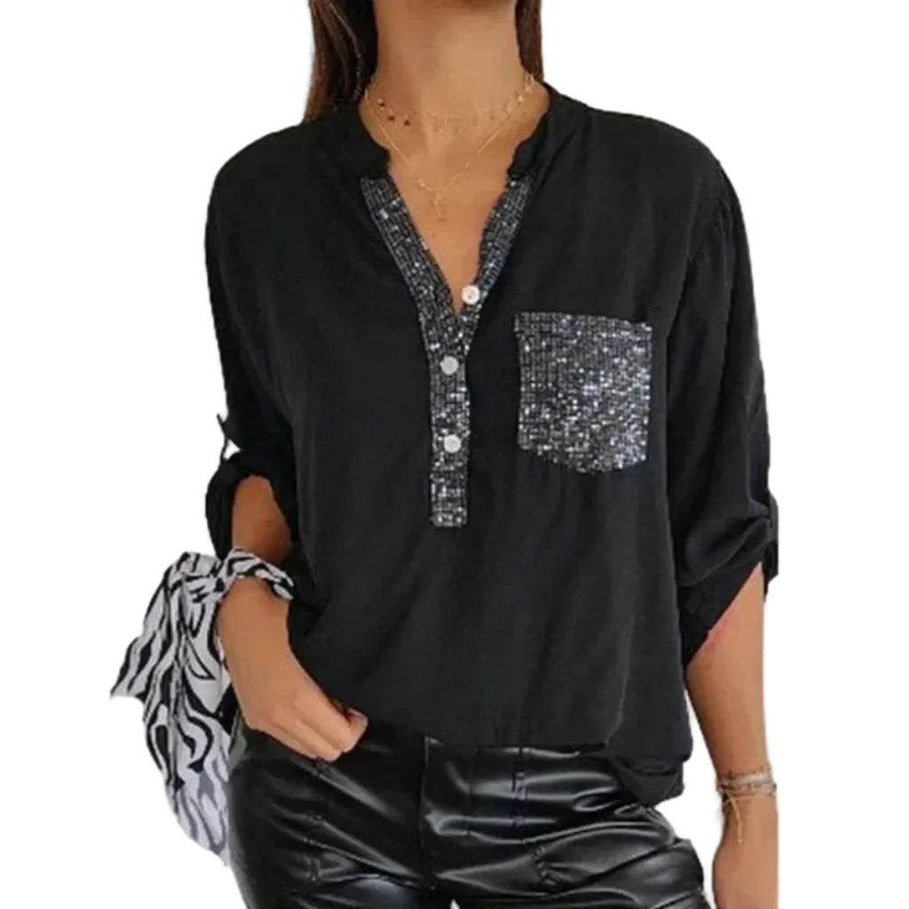 Damen Patchwork Oberteil aus Polyester | Stehkragen mit Dreiviertelärmeln | Freizeit Pullover mit Pailletten Details | Schmid