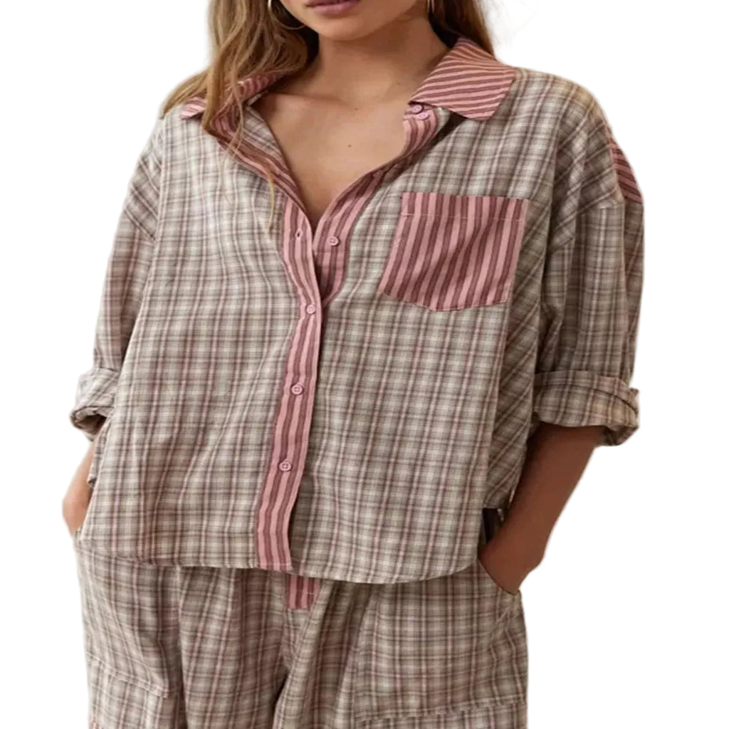 Damen - Pyjama Set Zweiteiliger Hausanzug mit Hemd und Hose aus Baumwolle