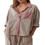 Damen - Pyjama Set Zweiteiliger Hausanzug mit Hemd und Hose aus Baumwolle