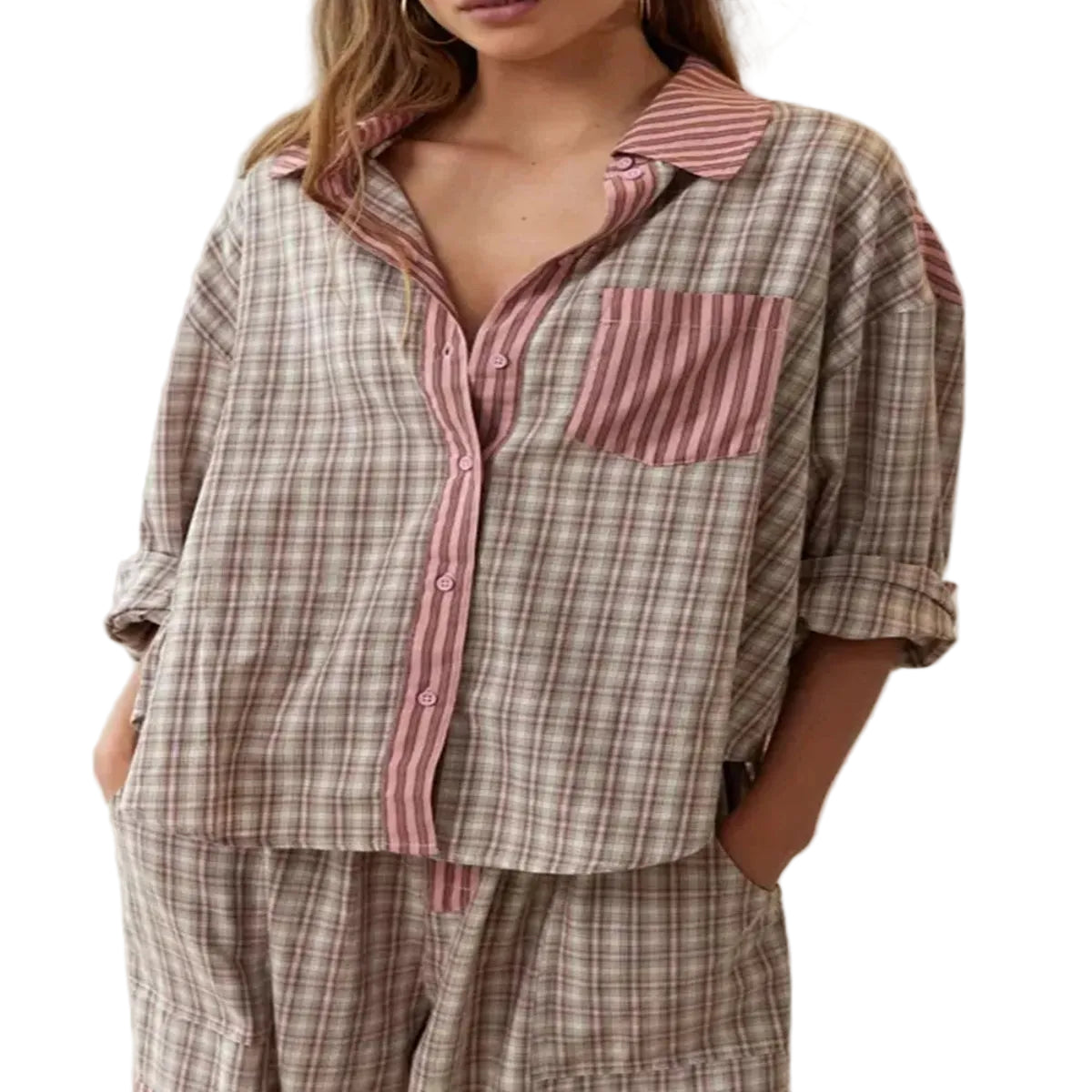Damen - Pyjama Set Zweiteiliger Hausanzug mit Hemd und Hose aus Baumwolle