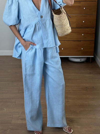 Leinen Rüschenshirt | Zweiteiliges Set Mit Puffärmeln Für Damen