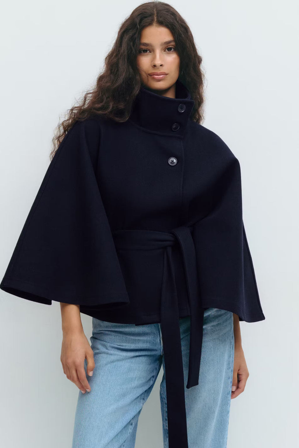 Damen Wollmischmantel im Cape-Stil | Hoher Kragen & Bindegürtel | Regular-Fit Mantel für Herbst & Winter | Schmid