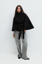 Damen Wollmischmantel im Cape-Stil | Hoher Kragen & Bindegürtel | Regular-Fit Mantel für Herbst & Winter | Schmid