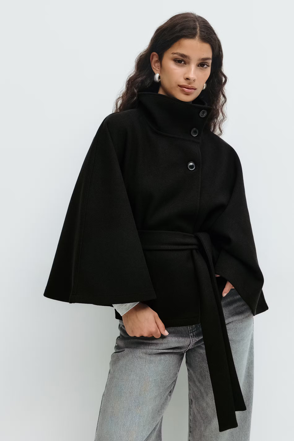 Damen Wollmischmantel im Cape-Stil | Hoher Kragen & Bindegürtel | Regular-Fit Mantel für Herbst & Winter | Schmid