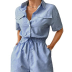 Damen Jumpsuit aus Polyester | Gestreifter Jumpsuit mit Regulärer Passform | Kurzarmdesign für Alltag und Freizeit | Schmid