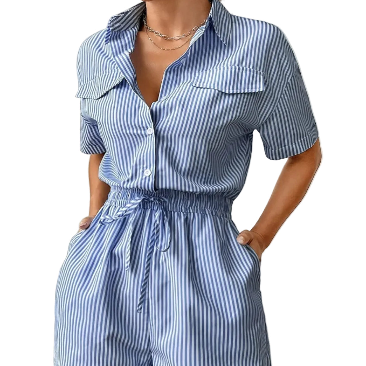 Damen Jumpsuit aus Polyester | Gestreifter Jumpsuit mit Regulärer Passform | Kurzarmdesign für Alltag und Freizeit | Schmid