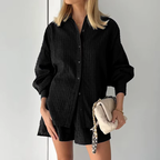 Damen Zweiteiler | Bluse mit Puffärmeln und Shorts | Reguläre Passform aus Baumwolle für Alltag und Freizeit | Schmid
