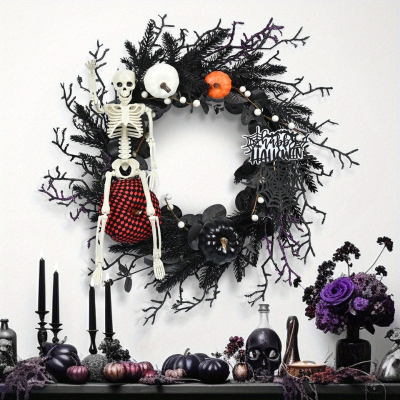 Halloween Kranz aus Kunststoff | Hängendes Skelett- und Kürbisdesign | Tür- & Wanddekoration für Innen und Überdachte Außenbereiche | Schmid
