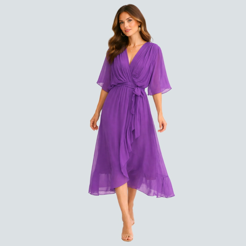 Damen Midikleid | Midikleid mit V-Ausschnitt und Fledermausärmeln | Reguläre Passform für Alltag und Besondere Anlässe | Schmid
