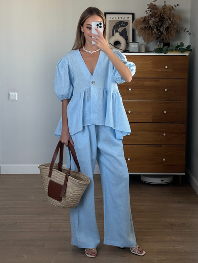 Leinen Rüschenshirt | Zweiteiliges Set Mit Puffärmeln Für Damen