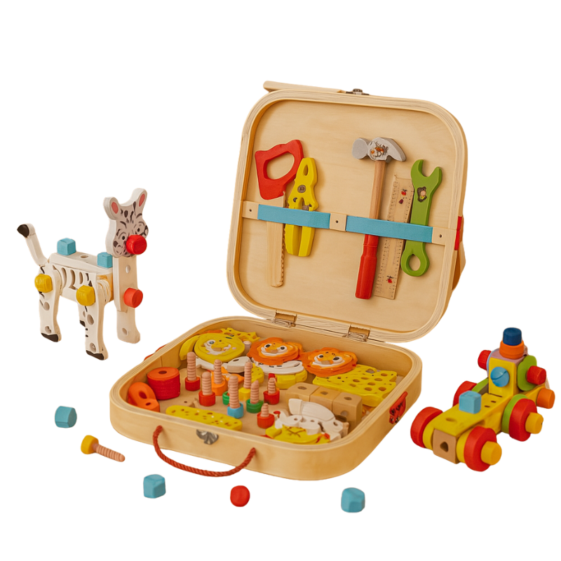 Holz‑Werkzeugkasten‑Set – Werkzeug‑ und Montage‑Spielzeug für Kinder