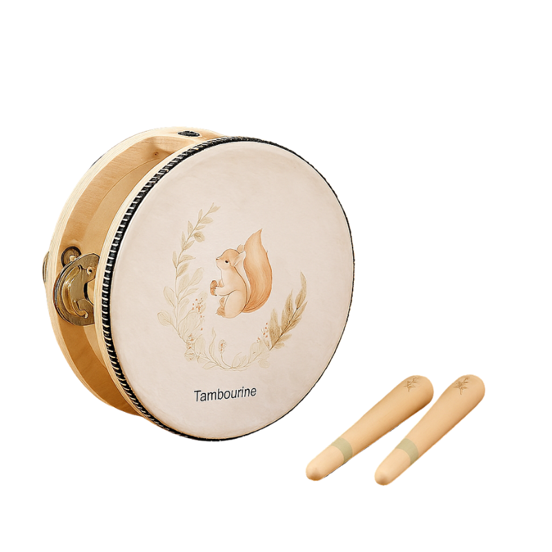 Cartoon Holz-Trommel und Handglocke – Rassel-Musikinstrument mit Griff