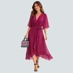 Damen Midikleid | Midikleid mit V-Ausschnitt und Fledermausärmeln | Reguläre Passform für Alltag und Besondere Anlässe | Schmid