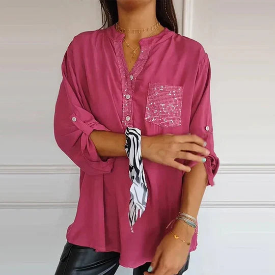 Damen Patchwork Oberteil aus Polyester | Stehkragen mit Dreiviertelärmeln | Freizeit Pullover mit Pailletten Details | Schmid