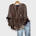Damen Bluse | Bluse mit Tiefem V-Ausschnitt und Schleifenärmeln | Reguläre Passform aus Polyester für Alltag und Freizeit | Schmid