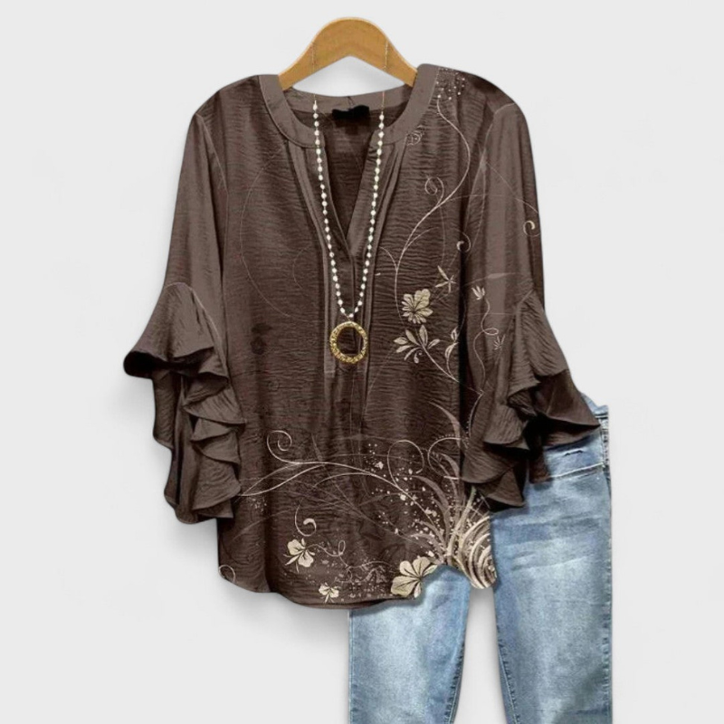 Damen Bluse | Bluse mit Tiefem V-Ausschnitt und Schleifenärmeln | Reguläre Passform aus Polyester für Alltag und Freizeit | Schmid